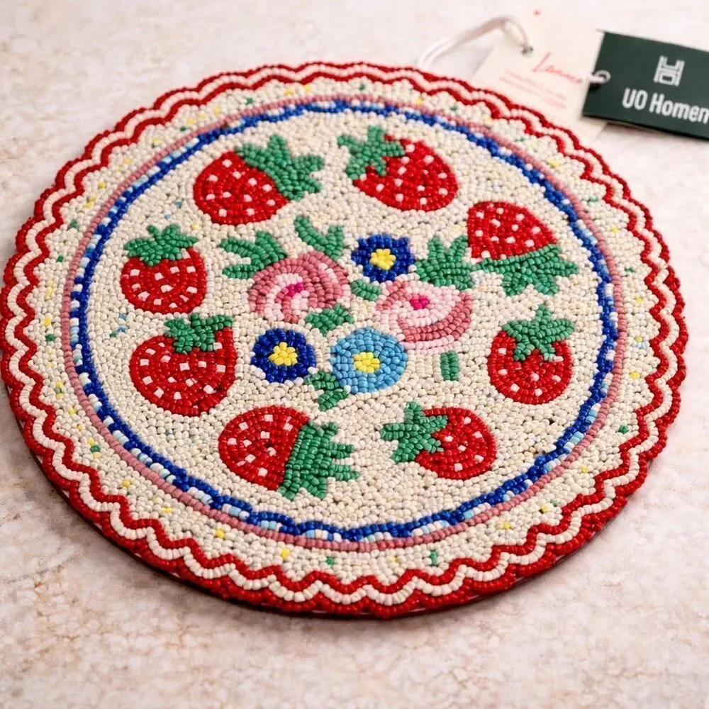 For Love & Lemons Beaded Strawberry Trivet UO Handmade Home Kitchen Decor NWT